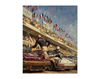 May include: Oil painting depicting a vintage car race. Two race cars are in the foreground, with drivers jumping out. A crowd watches from a grandstand lined with flags under a blue sky.