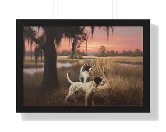 Pointer Hunde im Sumpf Marschland gerahmtes horizontales Poster | Jagdszene, Sunset Print
