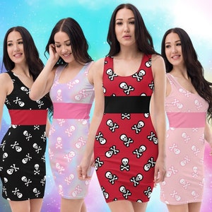 A selection of 1950s Jolly Roger Dresses with Faux High Waisted Look, Psychobilly, Goth Dress, Gothabilly, Rockabilly Dress, Skulls Dress
