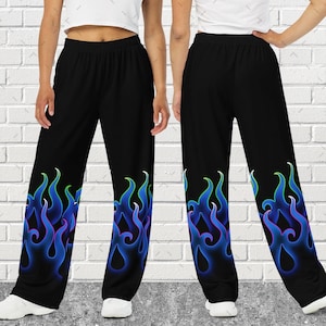 Boho Blue Flames, Blue Fire Wide-Leg Pants, Hippie Pants, Fire Flame Pants, Flame Leggings, Flame Trousers, Hippie Boho Festival Flames