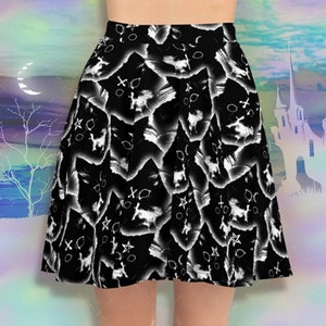 Gothic Witches Cat Skirt, Cute Gothic Kitten Skirt, Black Cat Skirt, Gothic 70s Style Retro Pentagram Skirt perfect as a Witches Coven Skirt