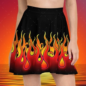 Black Hot Rod Flames Rockabilly Gothic Lolita Witch Skirt, Psychobilly Skirt Alternative Gothabilly Fire Witch Gothic Skirt