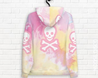 Pastel Tie Dye Hoodie, Pink Jolly Roger Skull, Harajuku Goth Fashion