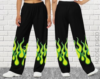 Boho Yellow Flames, Yellow Fire Wide-Leg Pants, Hippie Pants, Fire Flame Pants, Flame Leggings, Flame Trousers, Hippie Boho Festival Flames