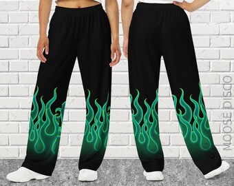 Boho Green Flames, Green Fire Wide-Leg Pants, Hippie Pants, Fire Flame Pants, Flame Leggings, Flame Trousers, Hippie Boho Festival Flames