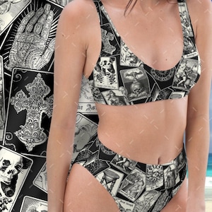 Gothic Bikini, Tarot Card and Gothic Inspired Recycled High-Waisted Bikini | Divination, Witchcraft, Astrologer, Alternative Witchy Alt Girl