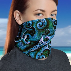 Blue Steampunk Octopus Scarf, Sea Captain&#39;s Blue Octopus Neck Gaiter, Kraken Scarf, Victorian Steampunk Neck Warmer, Punk Sea Monster Scarf
