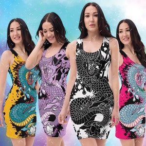 Amazing selection of Japanese Dragon Dresses in a choice of colours, perfect for Tattoo Convention, Rockabilly Dress, Rave or Festival Dress