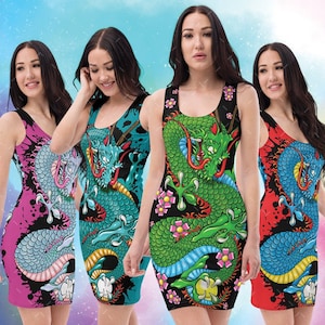 Large Japanese Dragon Dress in a choice of colours, perfect for Tattoo Convention, Tattoo Lover, Rockabilly Dress, Rave or Festival Dress