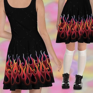 Black Gothic Burning Witch Hot Flames Rockabilly Gothic Lolita Witch Dress, Psychobilly Dress Alternative Gothabilly Fire Witch Gothic Dress