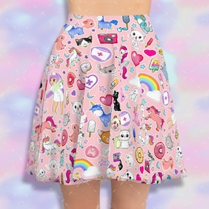 Pink Pastel Kawaii Skirt designed with cute Decora Stickers inspired by Menhera Kei and Japanese Harajuku Street Fashion, Manga and Anime