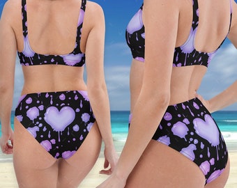 Pastel Goth Bikini, Dripping Heart Bikini, Purple Pastel goth swimwear, Cute Dripping Heart Lolita Yami Kawaii bikini, Harajuku Swimsuit