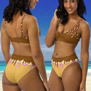 May include: A brown and white bikini with a waffle cone and ice cream design. The top has a scoop of ice cream with sprinkles and the bottom has a waffle cone with dripping chocolate and vanilla ice cream.