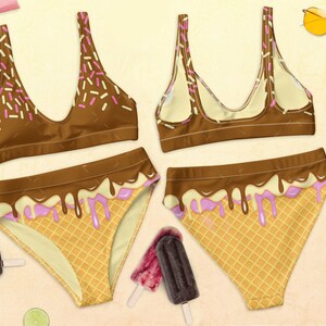 May include: A brown and white swimsuit with a chocolate and ice cream cone print. The top is a scoop neck with thin straps and the bottom is a high-waisted bikini bottom.