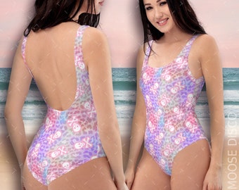 Pink Ombré Leopard Print and Jolly Roger One-Piece Bathing Costume, beautiful Candy Floss Pastel pattern, ideal for a modern Rockabilly look