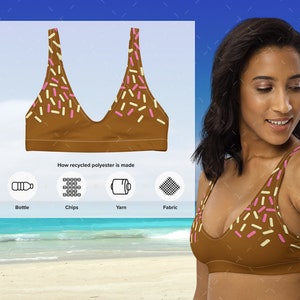 May include: A brown bikini top with a sprinkle pattern. The top has a scoop neck and adjustable straps. The bikini top is made from recycled polyester. The image shows how recycled polyester is made from plastic bottles.