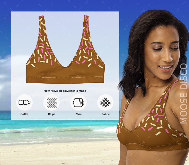 May include: A brown bikini top with a sprinkle pattern. The top has a scoop neck and adjustable straps. The bikini top is made from recycled polyester. The image shows how recycled polyester is made from plastic bottles.