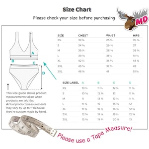 May include: Size chart for swimwear with measurements in inches. The chart shows the chest, waist, and hip measurements for sizes XS to 3XL. The chart also includes a diagram of a swimsuit with labels for the different measurements.