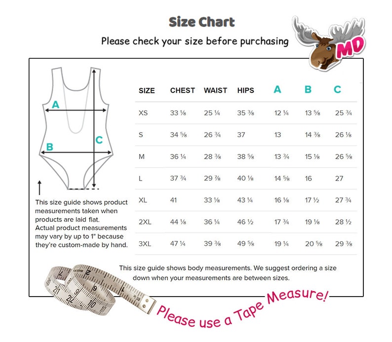 Op de afbeelding: Maattabel voor een badpak met metingen in inches voor borst, taille, heupen en drie verschillende gebieden van het badpak, gelabeld A, B en C. De tabel omvat maten XS tot 3XL.