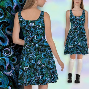 Blue Octopus Dress, Kraken Steampunk Skater Dress, Tentacles Dress, Octopus Tentacles Dress, Sea Creature Skater Dress