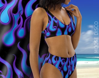 Blue Flames Bikini | Fire Bikini | Mardi Gras Bikini, ideal Festival Bikini | Blue Racing Flames High Waisted Recycled Bikini