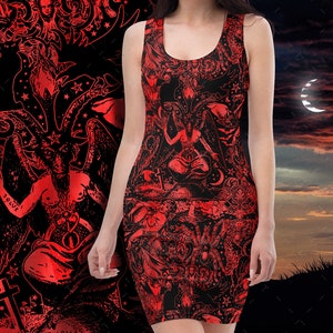 Witchy Black and Red Gothic Dress with Vampire Bats, Cats, Cherubs and Baphomet, the perfect Gothic Weekend Dress or Gothic Festival Dress