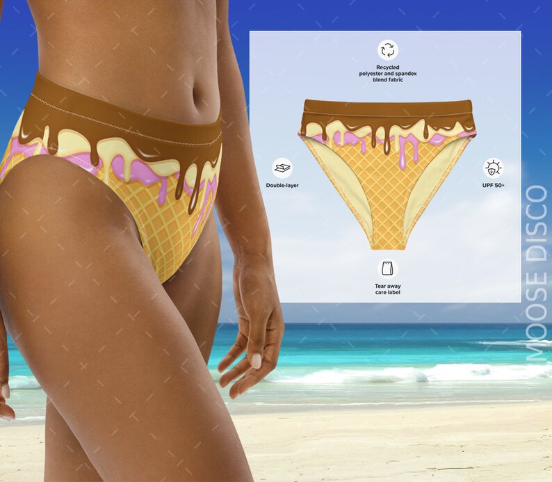 May include: A brown and pink ice cream cone print bikini bottom with a double-layer design. The fabric is made from recycled polyester and spandex blend. The bikini bottom has a tear-away care label and offers UPF 50+ sun protection.