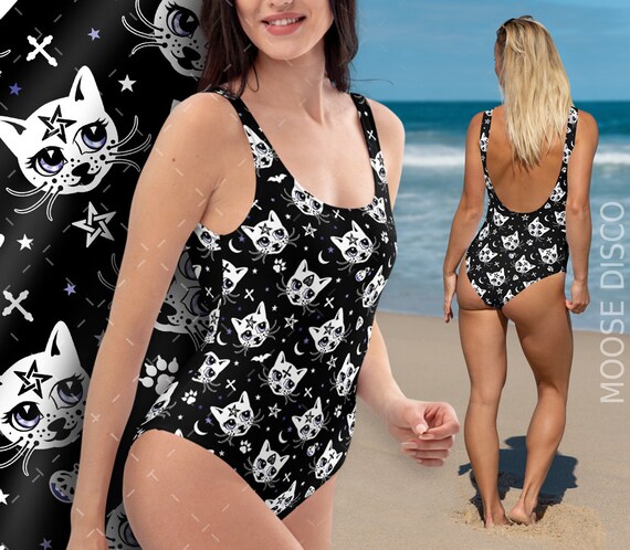 Gothic Kittens Swimsuit | Goth Swimsuit | Ouija Cats Swimsuit | Gothic Sports | Gothic Cats | Alt Girl Swimwear | Gothic Swimwear