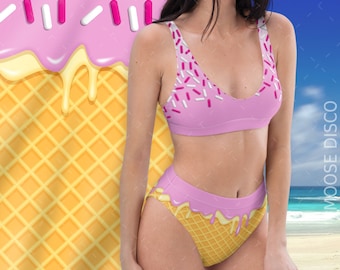 Kawaii Strawberry Ice Cream Bikini, Harajuku Japanese Anime Inspired Bikini, Pastel Goth Aesthetic, Recycled High-Waisted Bikini | Popsicle