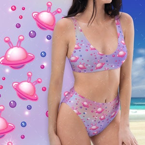 Pastel Aesthetic, Pastel Goth UFO Flying Saucers Sci Fi Recycled High-Waisted Bikini, Fairy Kei, Harajuku Japanese Kawaii Inspired Bikini