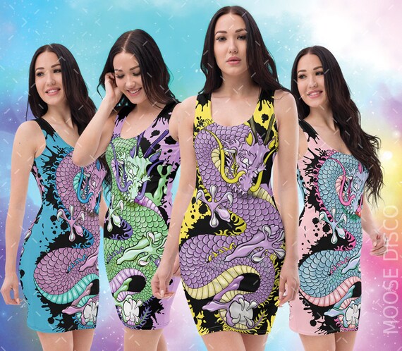 dragon print bodycon dress Sosana - Sleeveless Dragon Print Slim-Fit Asymmetric-Hem Midi Bodycon Dress