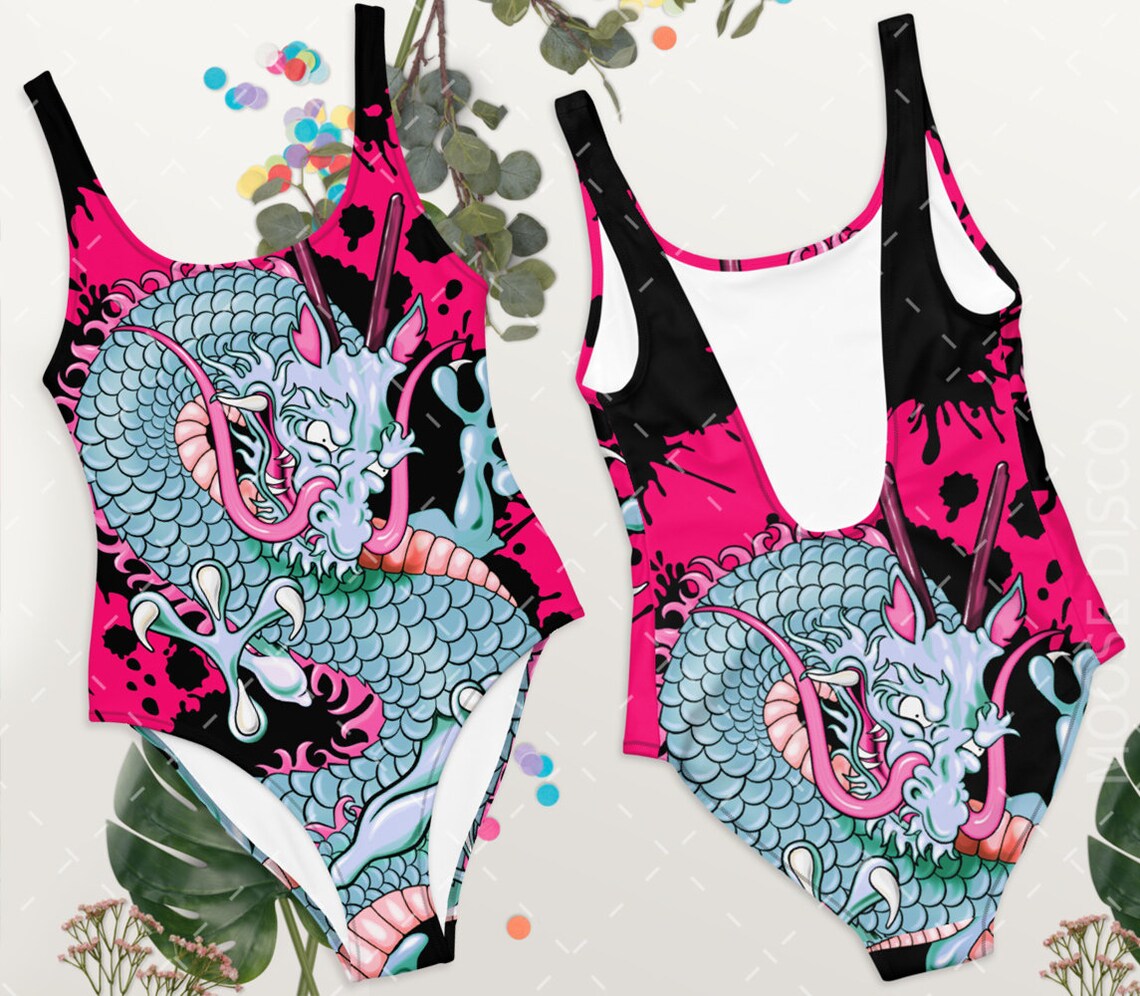 Tattoo Swimsuit Blue on Pink Dragon Tattoo Bathing Costume - Etsy