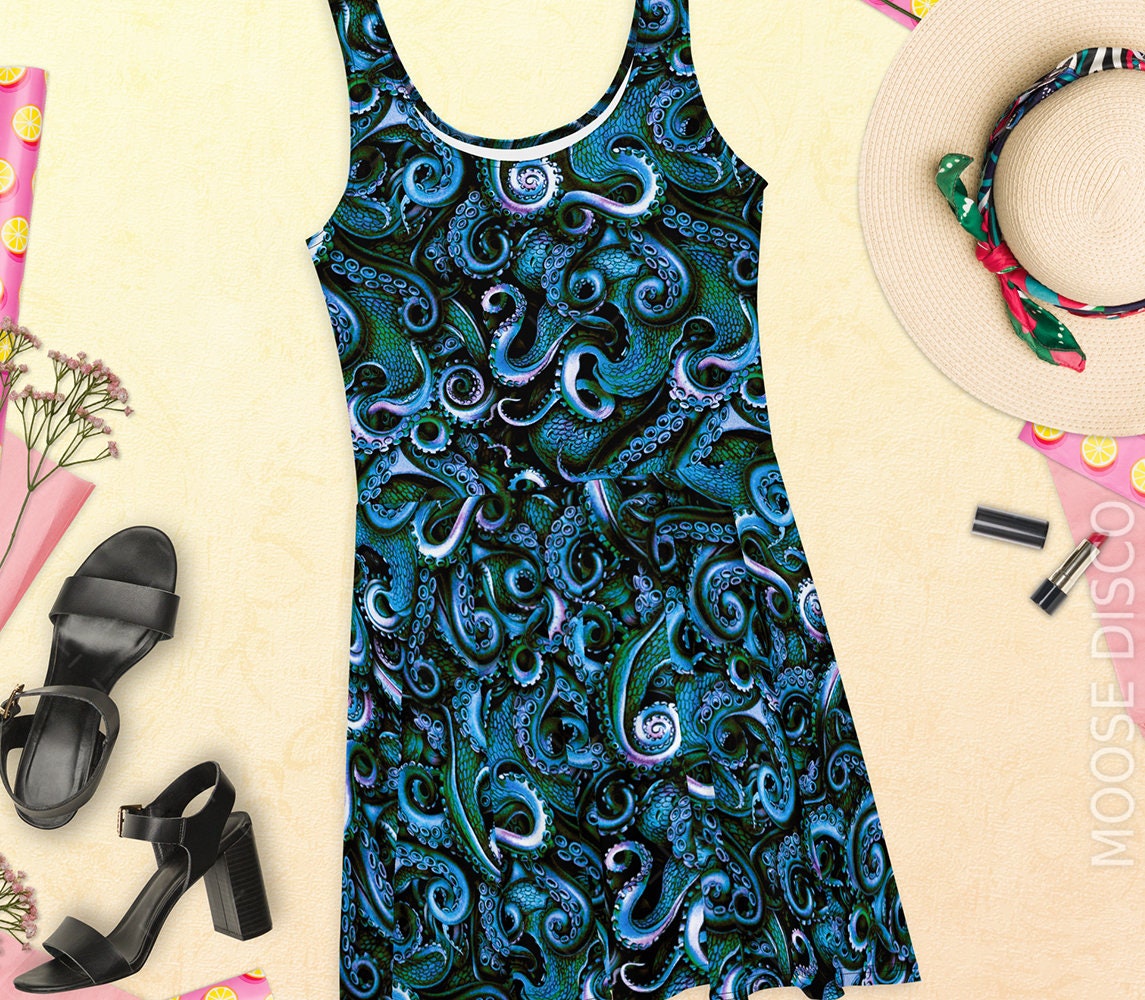 Blue Octopus Dress, Kraken Steampunk Skater Dress, Tentacles Dress, Octopus Tentacles Dress, Sea Creature Skater Dress