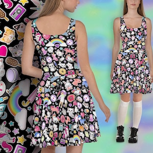 Kawaii Dress designed with a cute Decora Stickers Pattern and inspired by Menhera Kei and Japanese Harajuku Street Fashion, Manga and Anime