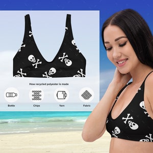 May include: A black bikini top with a white skull and crossbones pattern. The bikini top is made from recycled polyester. The image shows how recycled polyester is made from plastic bottles.