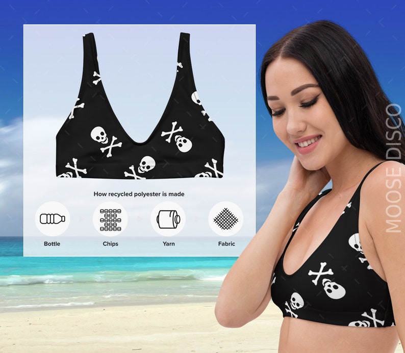 May include: A black bikini top with a white skull and crossbones pattern. The bikini top is made from recycled polyester. The image shows how recycled polyester is made from plastic bottles.