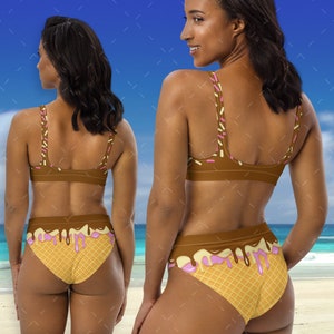 May include: A brown and yellow bikini with a waffle cone and ice cream design. The top has pink and white sprinkles. The bottom has a brown chocolate drip and white and pink ice cream drips.