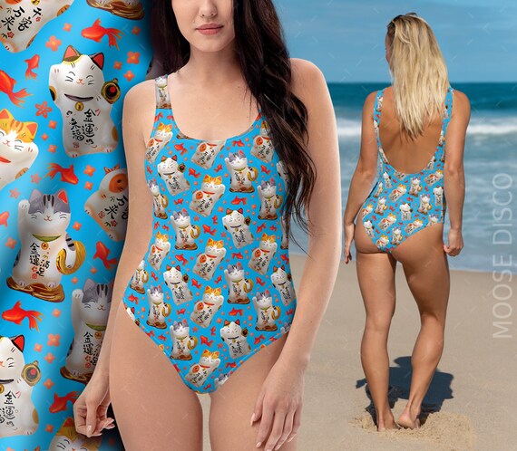 Maillot de bain bleu retro kitsch japonais Kawaii Maneki Neko Lucky Cat Beckoning Cat Sushi Cat et Japanese Koi Carp Swimsuit Etsy France