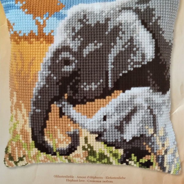 ELEPHANT LOVE, Mother and Elelphant Calf Cross Stitch Pillow Kit by Vervaco, Made in Belgium 16"x 16"