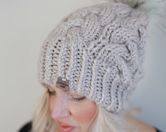 CABLE HAT With Pom Pom| Cable Rose Hat | Winter Hat | Stylish Winter Hat | Hat with Faux Fur Pom Pom