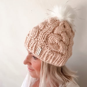 LUXURY ROSE CABLE Hat Winter Hat Hat with Faux Fur Pom Pom image 6