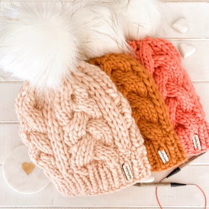 LUXURY ROSE CABLE Hat Winter Hat Hat with Faux Fur Pom Pom image 2