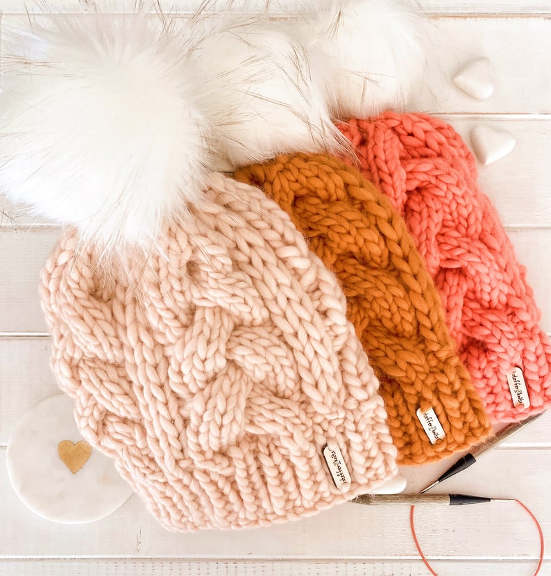 LUXURY ROSE CABLE Hat Winter Hat Hat with Faux Fur Pom Pom image 2