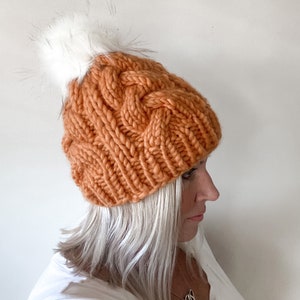 LUXURY ROSE CABLE Hat Winter Hat Hat with Faux Fur Pom Pom image 3