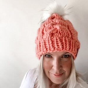 LUXURY ROSE CABLE Hat Winter Hat Hat with Faux Fur Pom Pom image 4