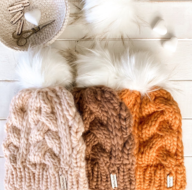 LUXURY ROSE CABLE Hat Winter Hat Hat with Faux Fur Pom Pom image 5