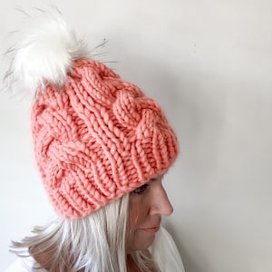 LUXURY ROSE CABLE Hat Winter Hat Hat with Faux Fur Pom Pom image 1