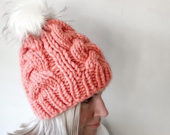 LUXURY ROSE CABLE Hat | Winter Hat | Hat with Faux Fur Pom Pom