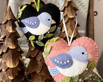 Wool Felt Bluebird Heart Ornament, Embroidered Spring Decor, Mothers Day Gift