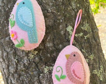 Embroidered Wool Felt Easter Egg Ornament, Spring Bird Tree Decor